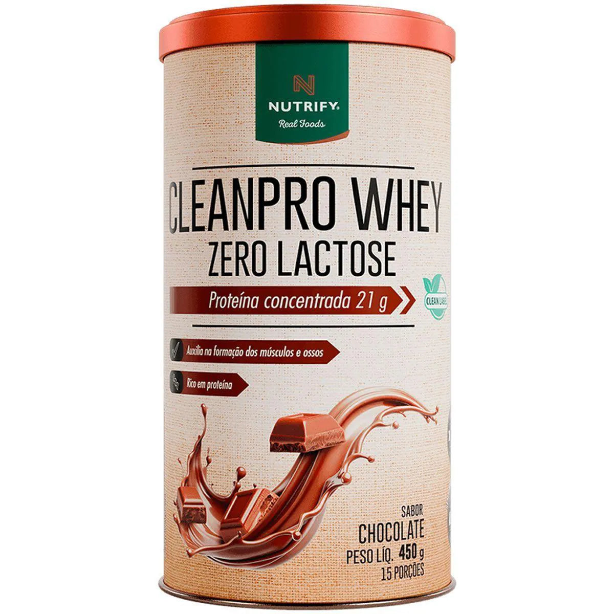 Pote de 450 g de CleanPro Whey Zero Lactose Nutrify, whey protein em pó