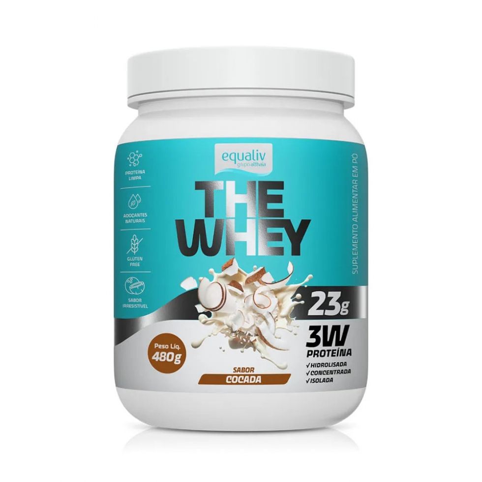 Pote de 480 g de The Whey Equaliv, whey protein em pó sabor baunilha