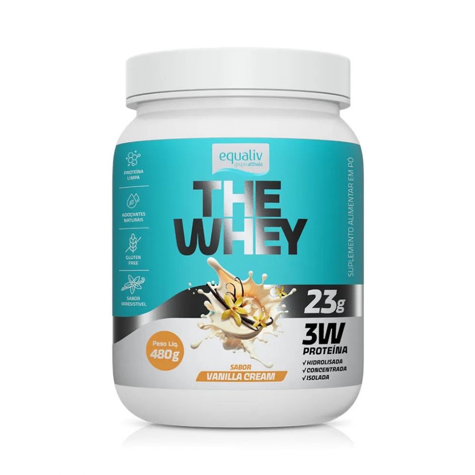 Pote de 480 g de The Whey Equaliv, whey protein em pó sabor baunilha