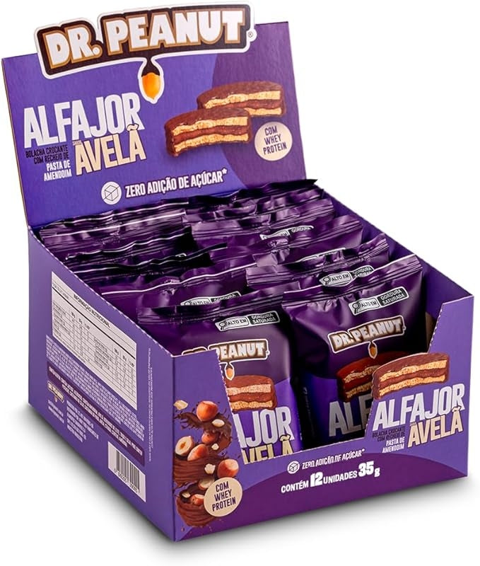 Display Dr. Peanut com 12 alfajores de 35 g na caixa