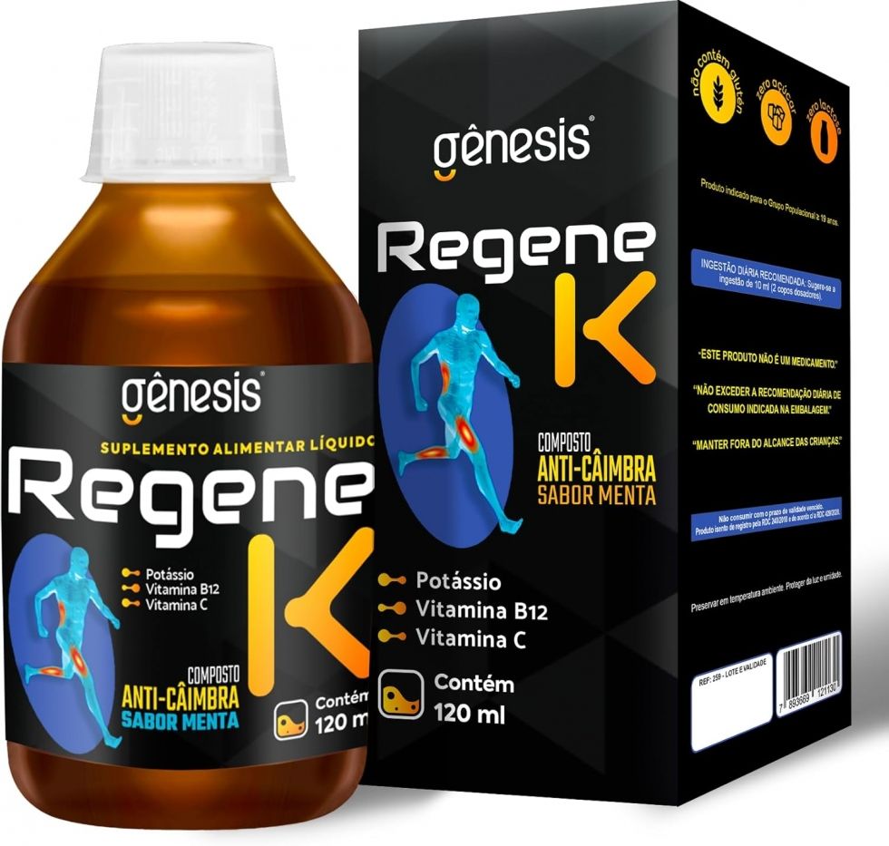 Frasco de 120 ml do suplemento líquido Regene K, da Gênesis