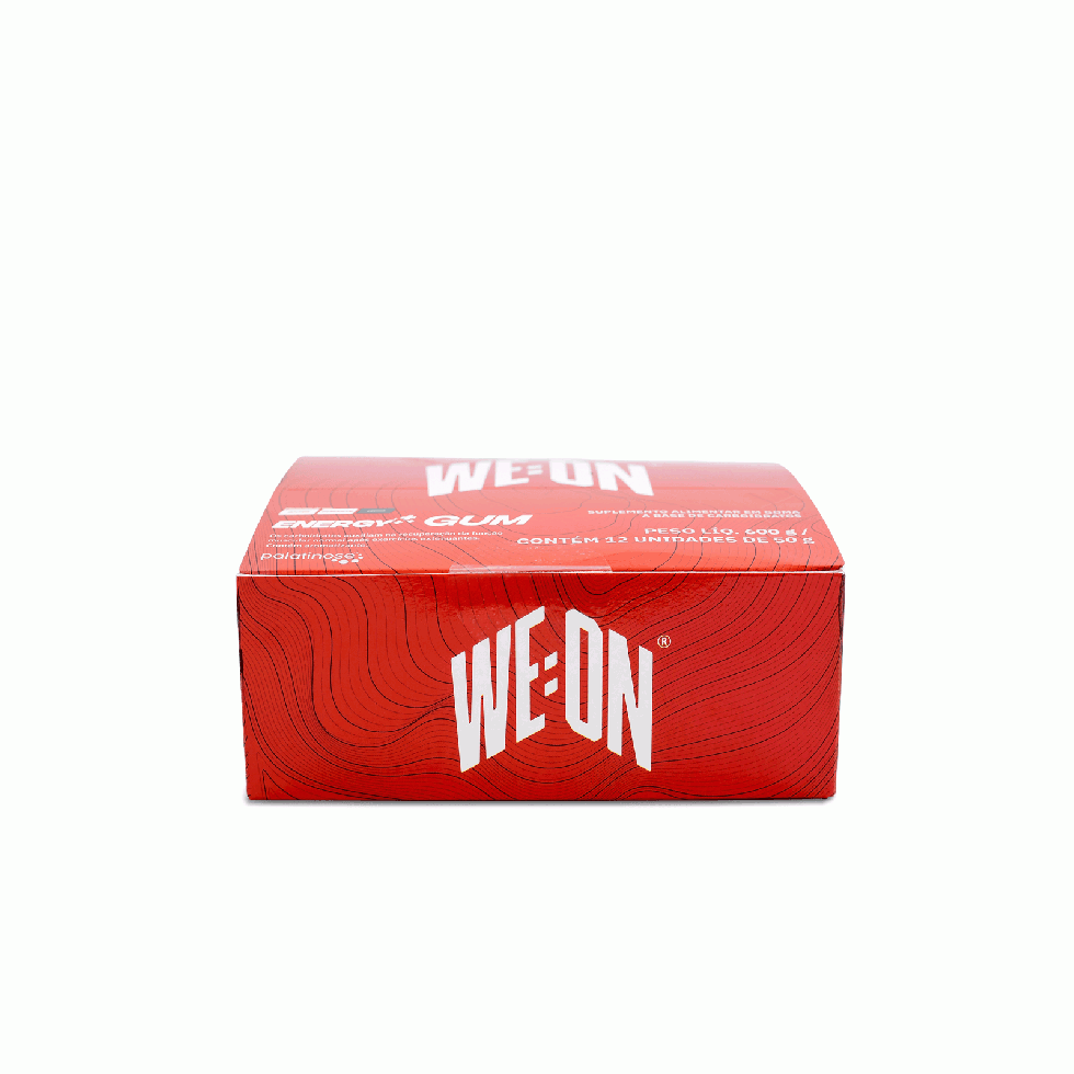 Display com 12 sachês da Energy Gum da We On, goma mastigável de carboidratos