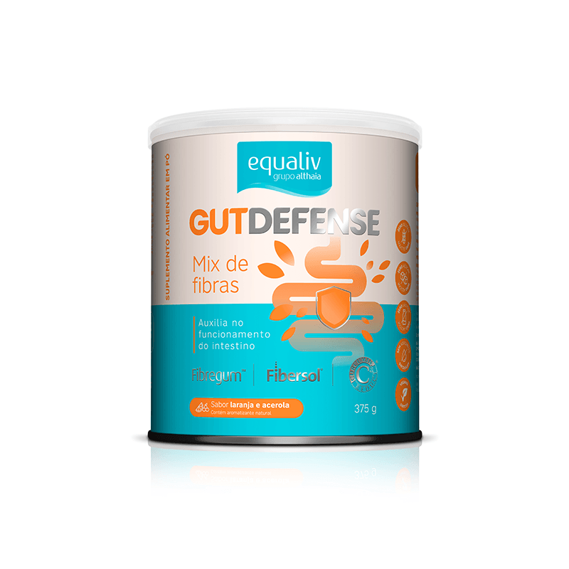 Pote de 375 g de Gut Defense, suplemento de fibras em pó da Equaliv