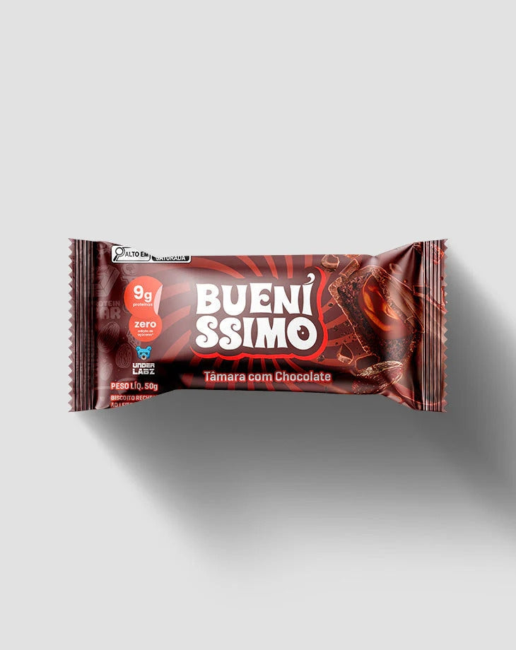 Barra proteica Bueníssimo Bar da Under Labz de 50 g na embalagem