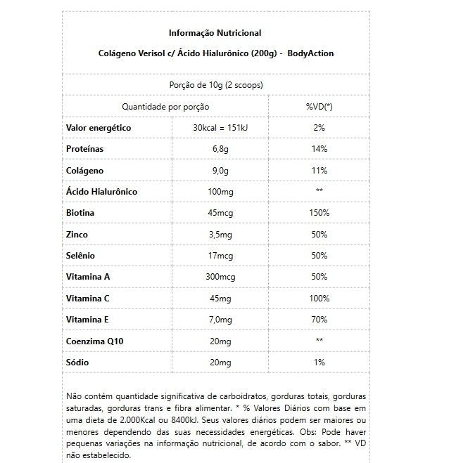 Colágeno Verisol c/ Ácido Hialurônico (200g) - Body Action
