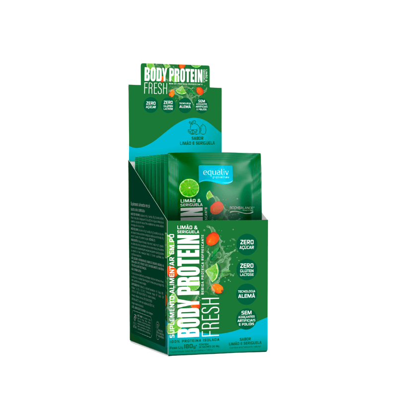 Display com 10 sachês de 18 g de Body Protein Fresh Equaliv, suplemento proteico em pó