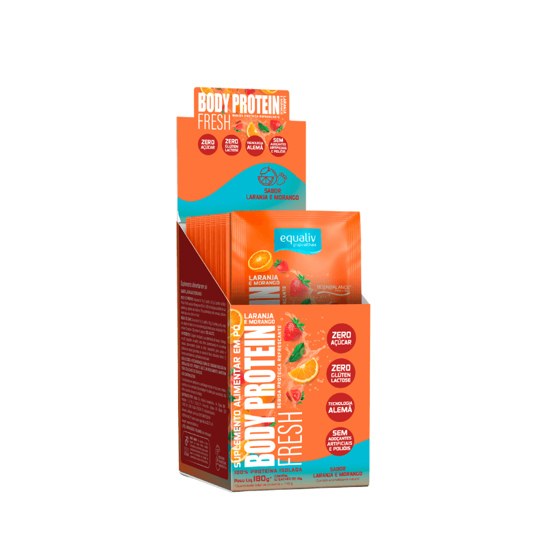 Display com 10 sachês de 18 g de Body Protein Fresh Equaliv, suplemento proteico em pó