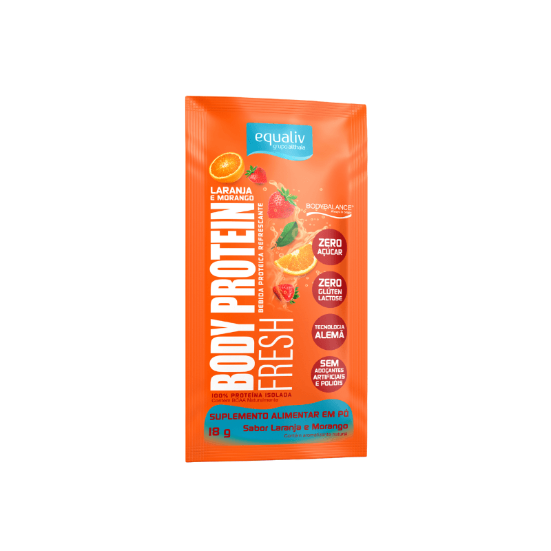Sachê de 18 g de Body Protein Fresh Equaliv, suplemento proteico em pó sabor frutas
