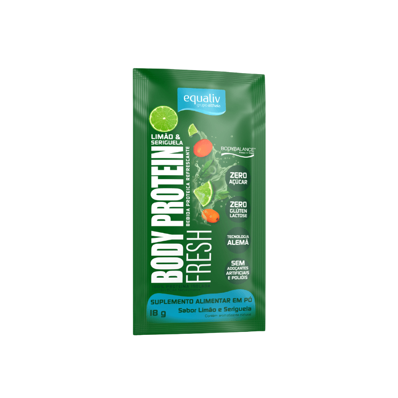 Sachê de 18 g de Body Protein Fresh Equaliv, suplemento proteico em pó sabor frutas