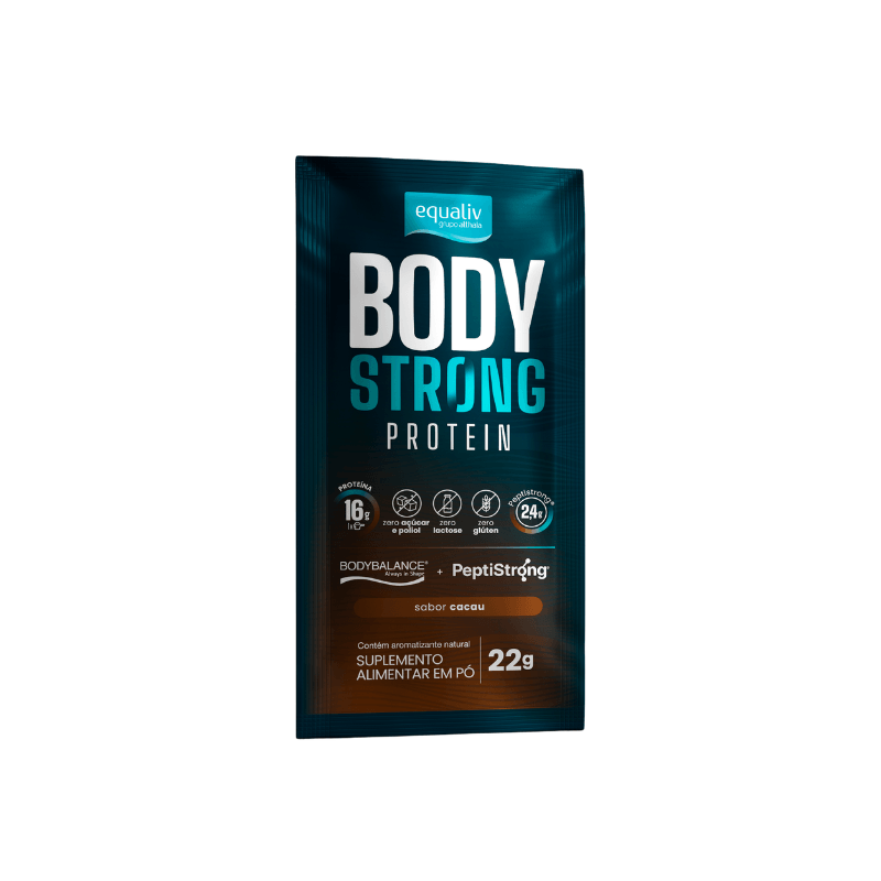 Sachê de 22 g de Body Protein Strong Equaliv, suplemento proteico em pó sabor cacau