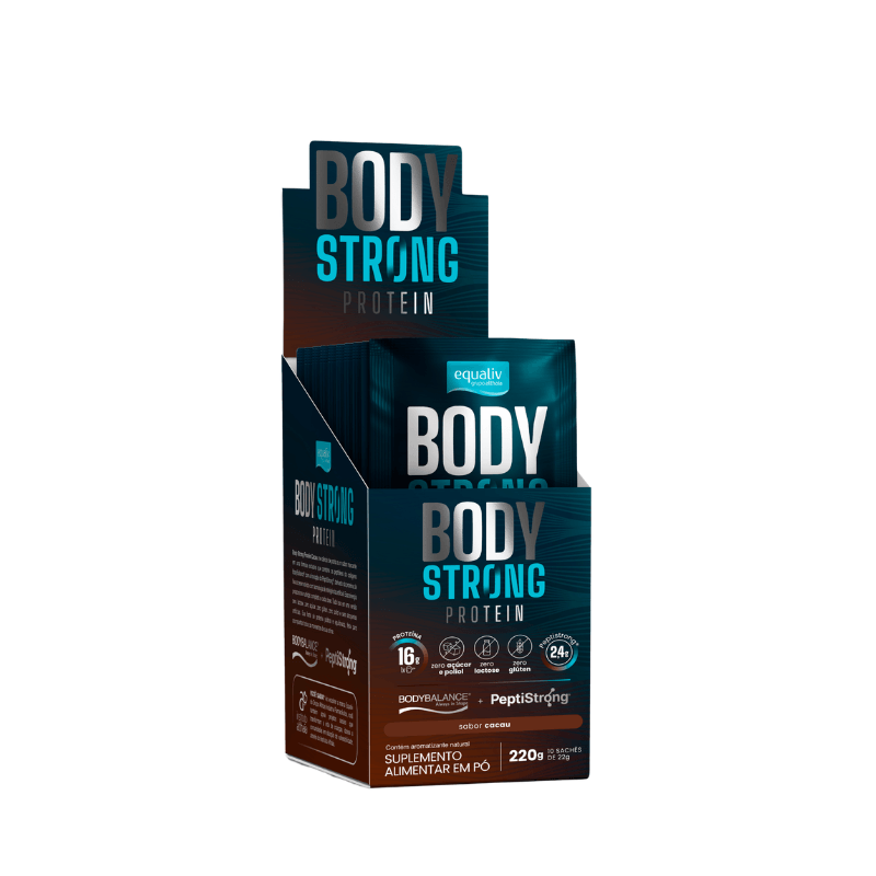 Display com 10 sachês de 22 g de Body Protein Strong Equaliv, suplemento proteico sabor cacau