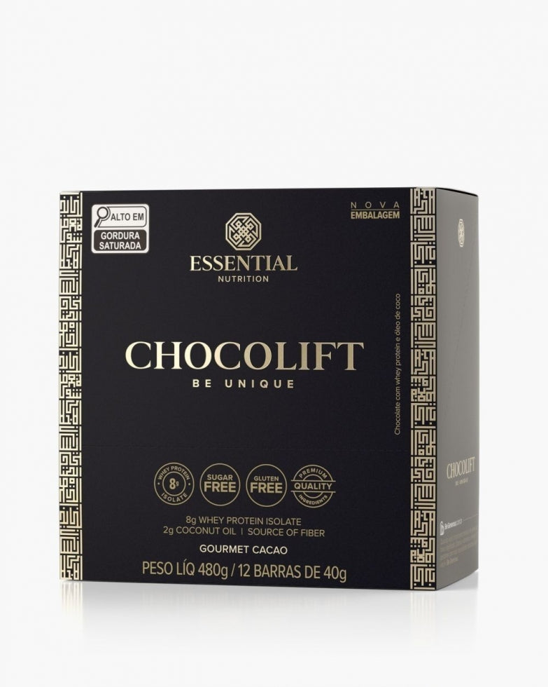 Display com 12 barras Chocolift de 40 g da Essential Nutrition sobre fundo claro