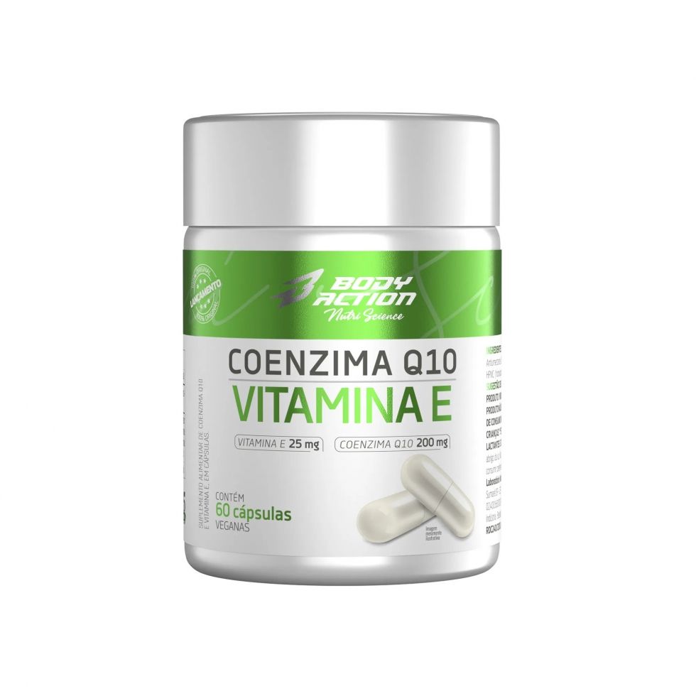 Frasco de Coenzima Q10 com Vitamina E da Body Action, com 60 cápsulas veganas