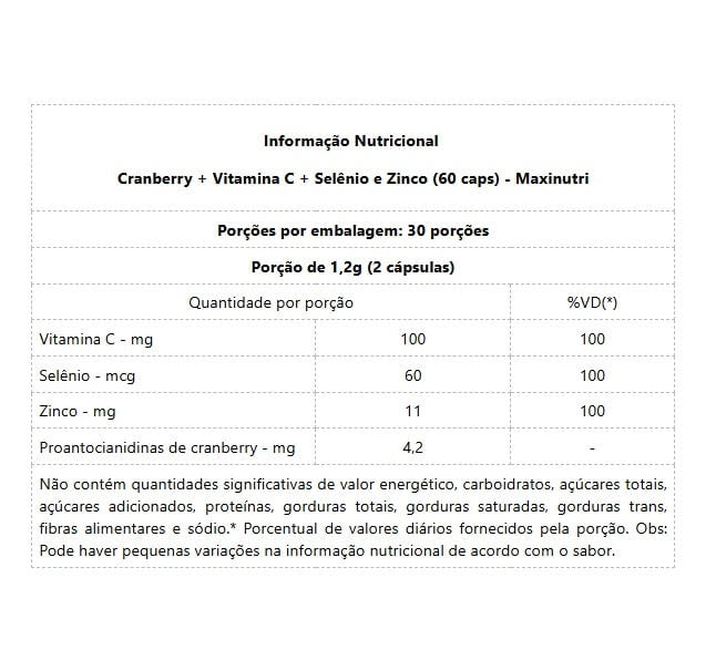 Cranberry + Vitamina C e Zinco (60 caps) - MaxiNutri