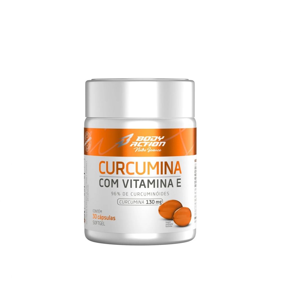 Frasco de Curcumina com Vitamina E da Body Action, com 30 cápsulas softgel