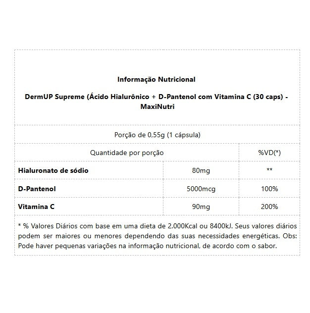 DermUP Supreme - Ácido Hialurônico / D-Pantenol / Vitamina C (30 caps) - MaxiNutri