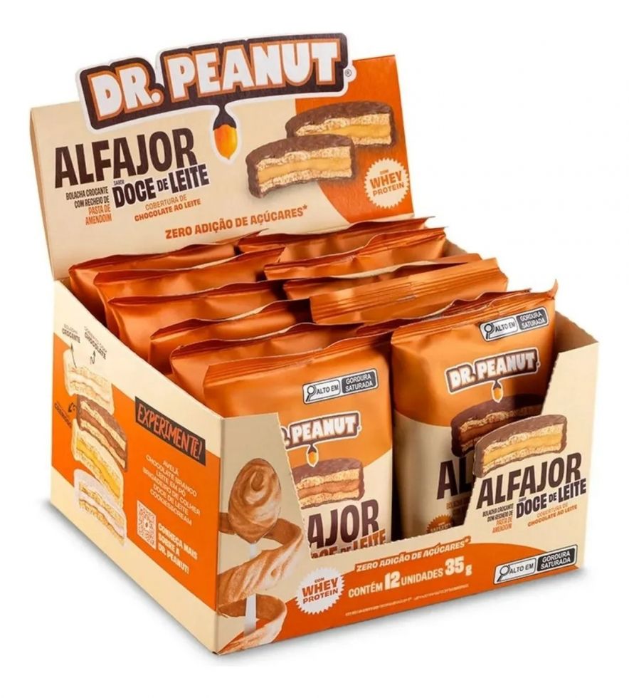 Display Dr. Peanut com 12 alfajores de 35 g na caixa