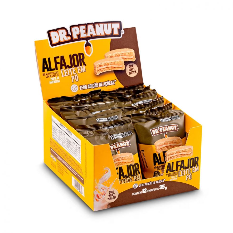 Display Dr. Peanut com 12 alfajores de 35 g na caixa