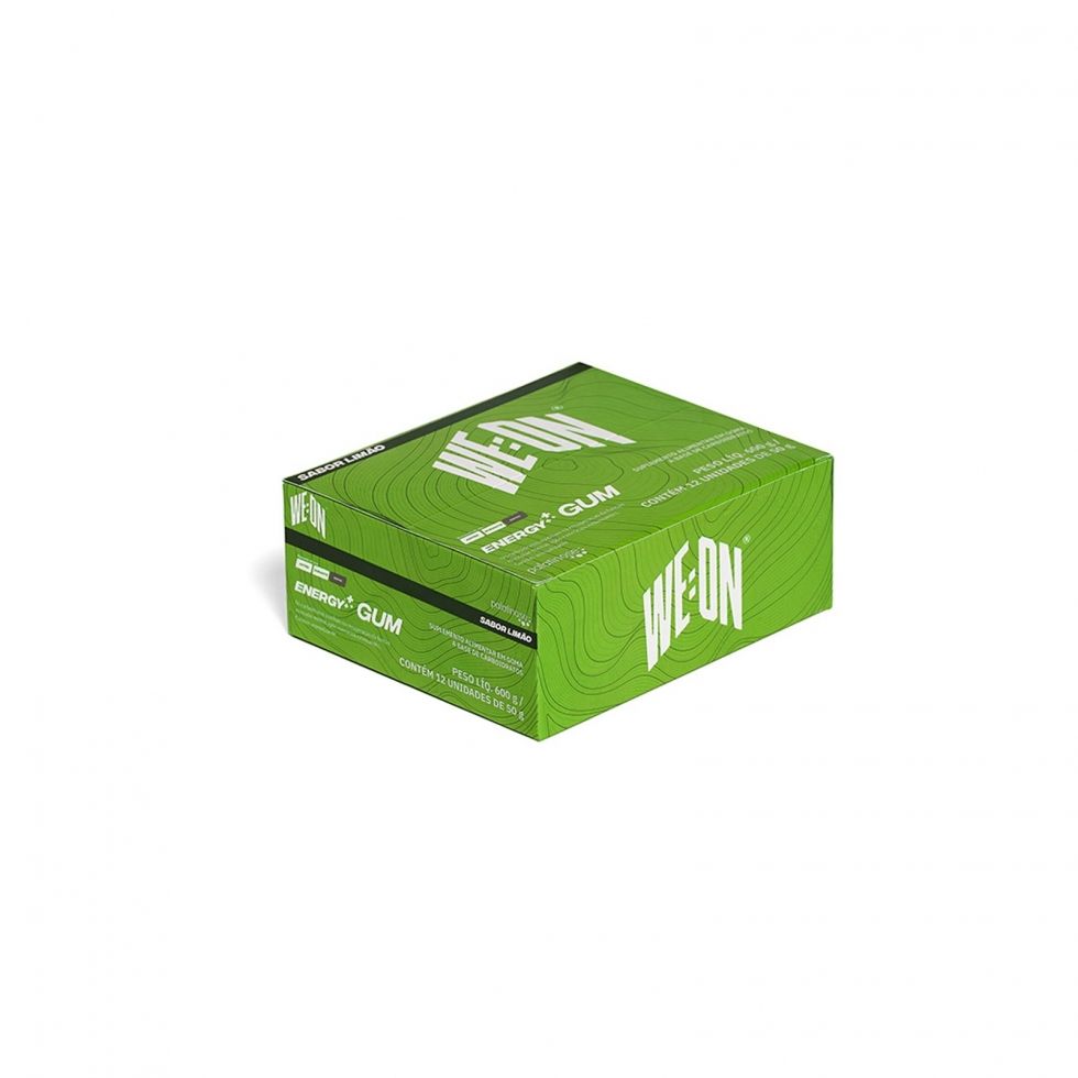 Display com 12 sachês da Energy Gum da We On, goma mastigável de carboidratos