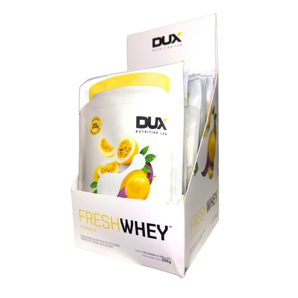 Display com 10 sachês de Fresh Whey 29 g da Dux Human Health