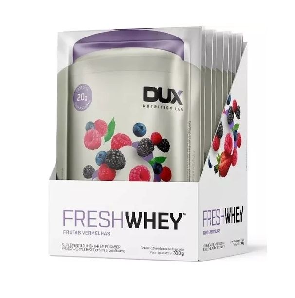 Display com 10 sachês de Fresh Whey 29 g da Dux Human Health