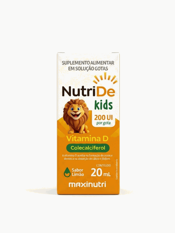 Frasco de 20 ml de NutriDe Vitamina D 200 UI Kids da MaxiNutri, gotas de limão