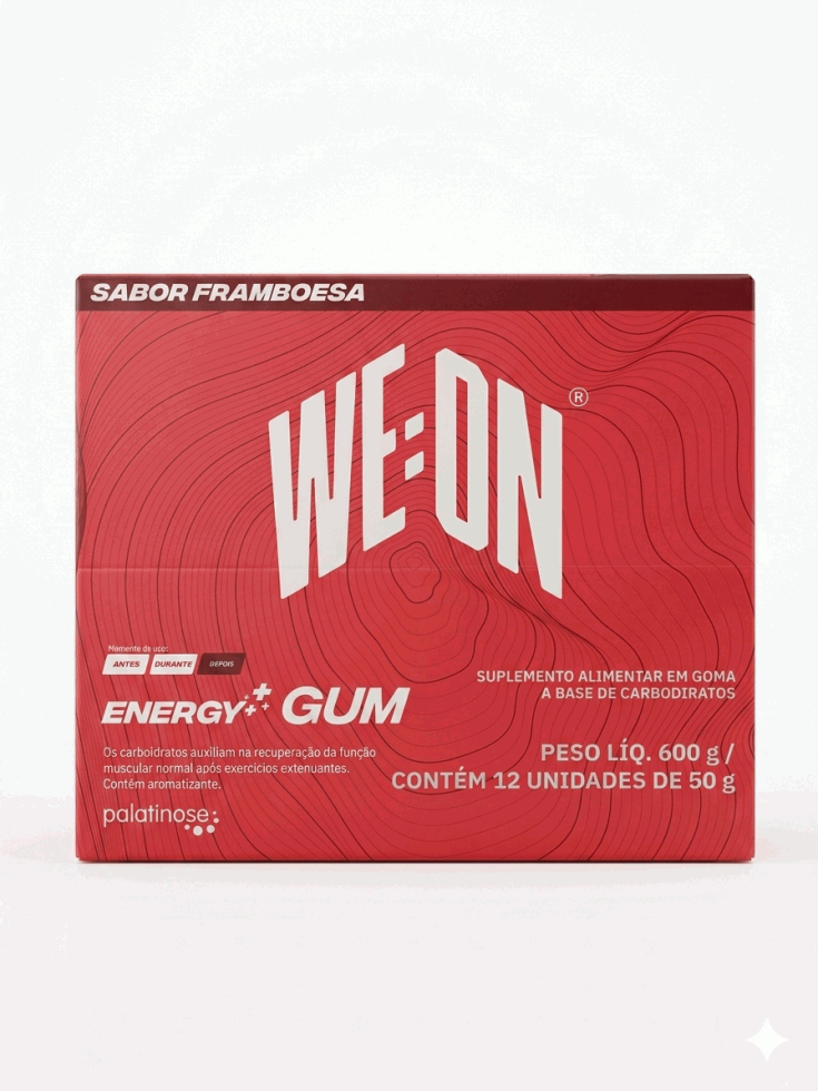 Display com 12 sachês da Energy Gum da We On, goma mastigável de carboidratos