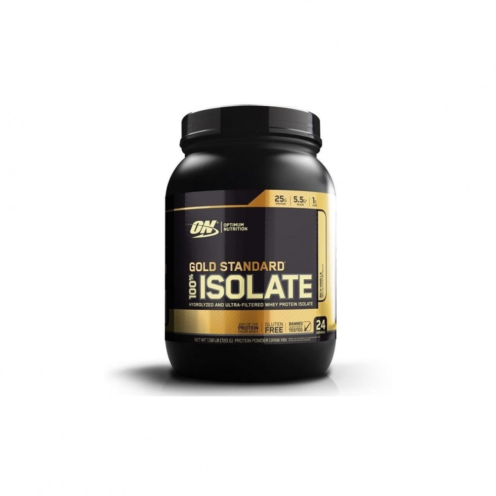Pote de 720 g de Gold Standard 100% Isolate Optimum Nutrition, whey protein isolado em pó