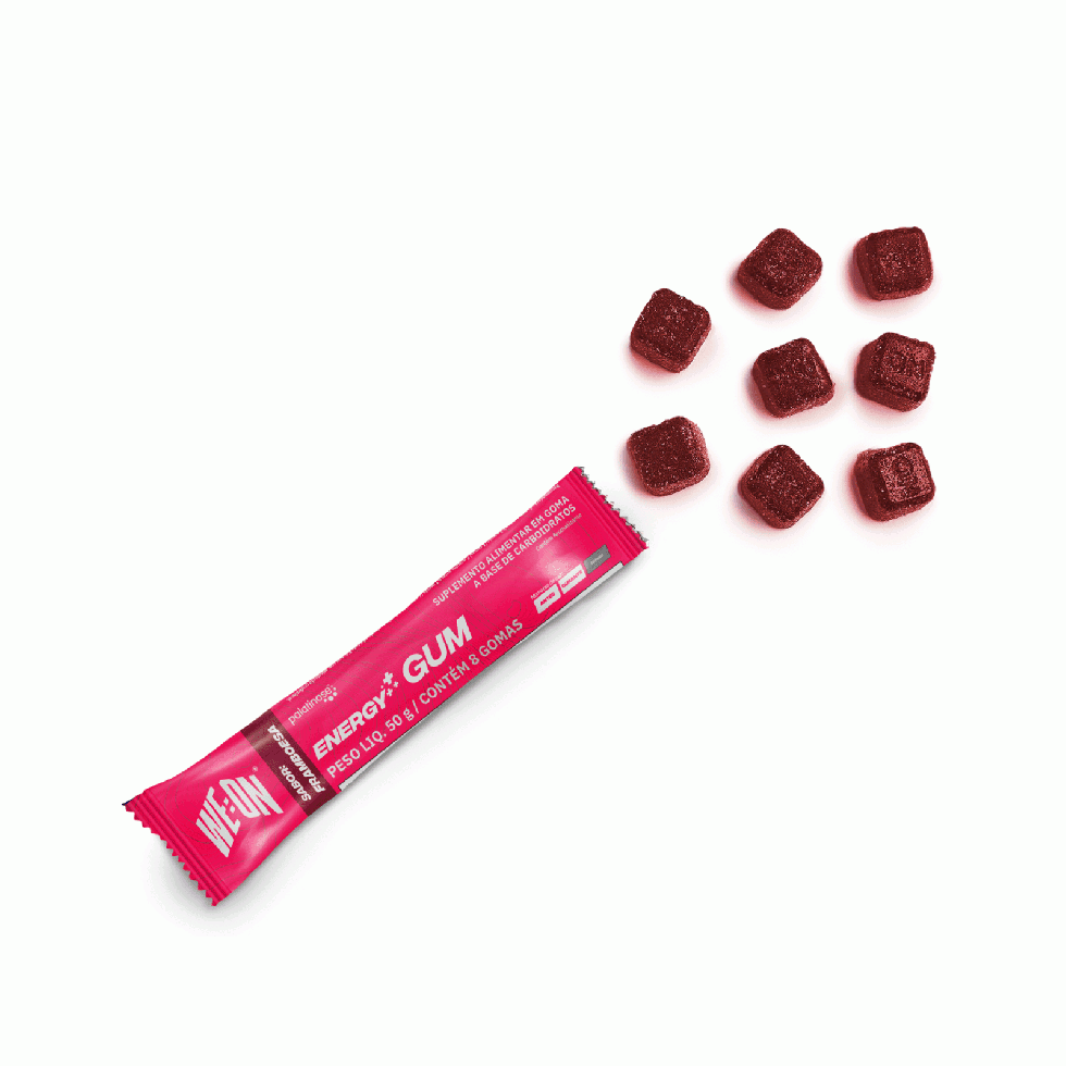 Sachê de 50 g da Energy Gum da We On com 8 gomas mastigáveis