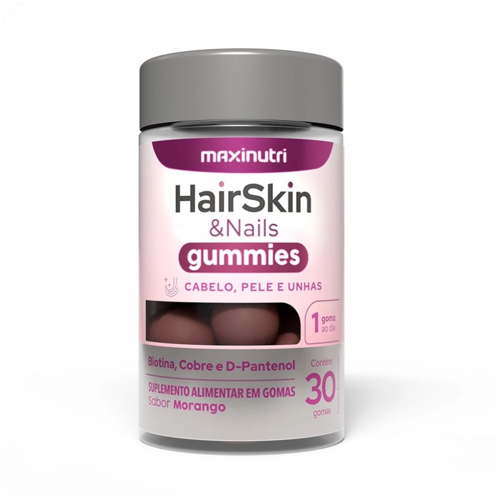 Pote de Hair Skin & Nails Gummies da MaxiNutri, com 30 gomas sabor morango