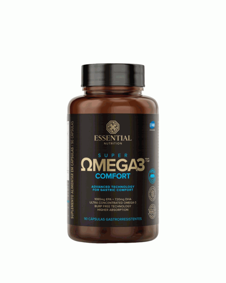 Frasco de Super Omega 3 TG Comfort da Essential Nutrition com 90 cápsulas