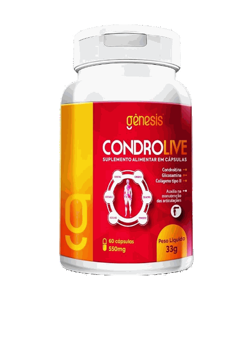 Frasco de CondroLive 500 mg da Gênesis, com 60 cápsulas