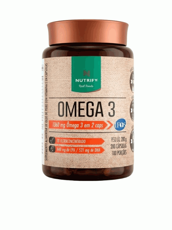 Pote de Ômega 3 1360mg da Nutrify com 200 cápsulas de óleo de peixe
