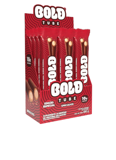 Display de Bold Tube da Bold com 12 tubos de wafer proteico de 40 g na caixa