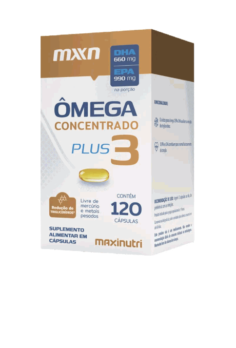 Caixa de Ômega 3 Concentrado da MaxiNutri com 60 cápsulas de óleo de peixe
