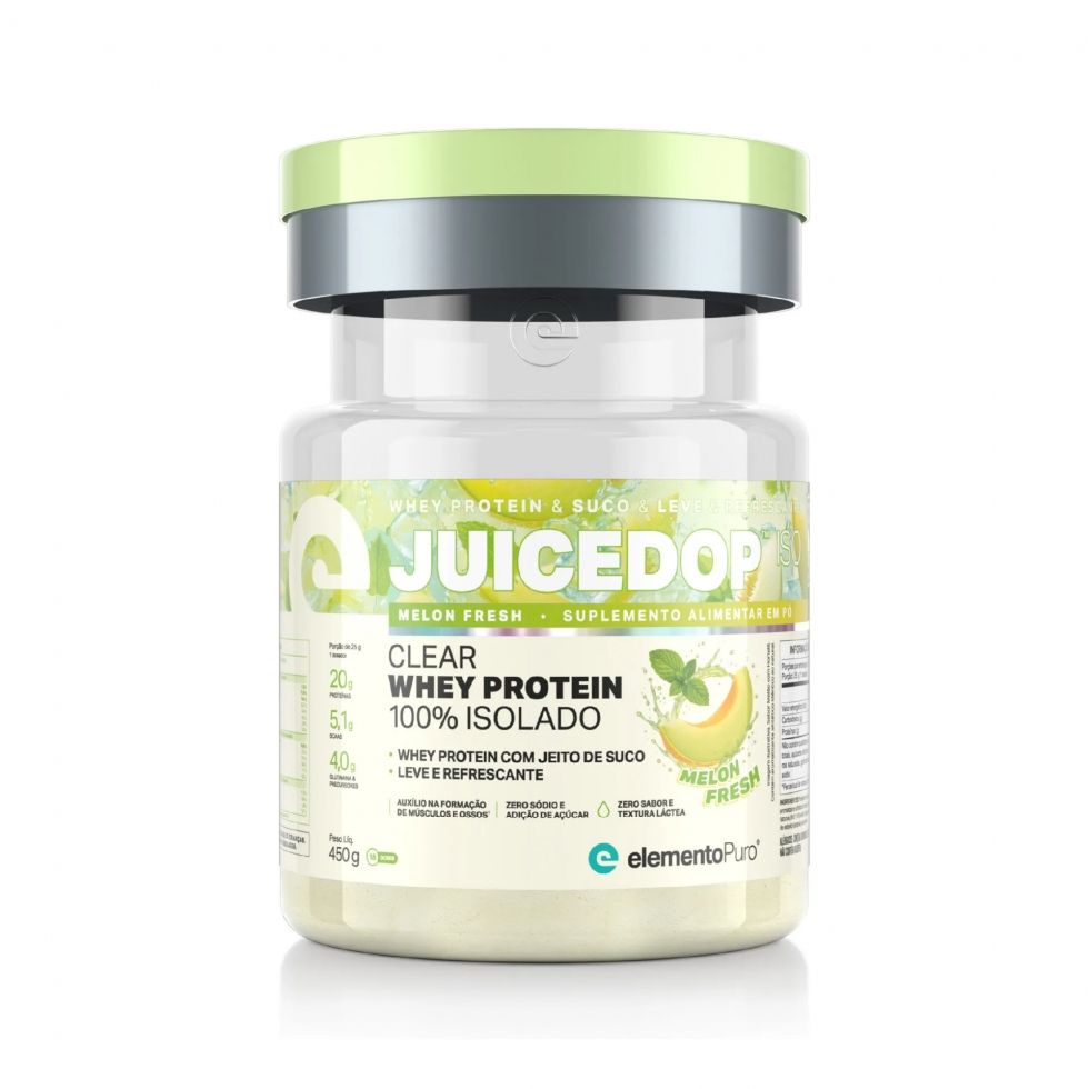 Pote de JuiceDop 450 g da Elemento Puro, proteína isolada em pó sabor fruta
