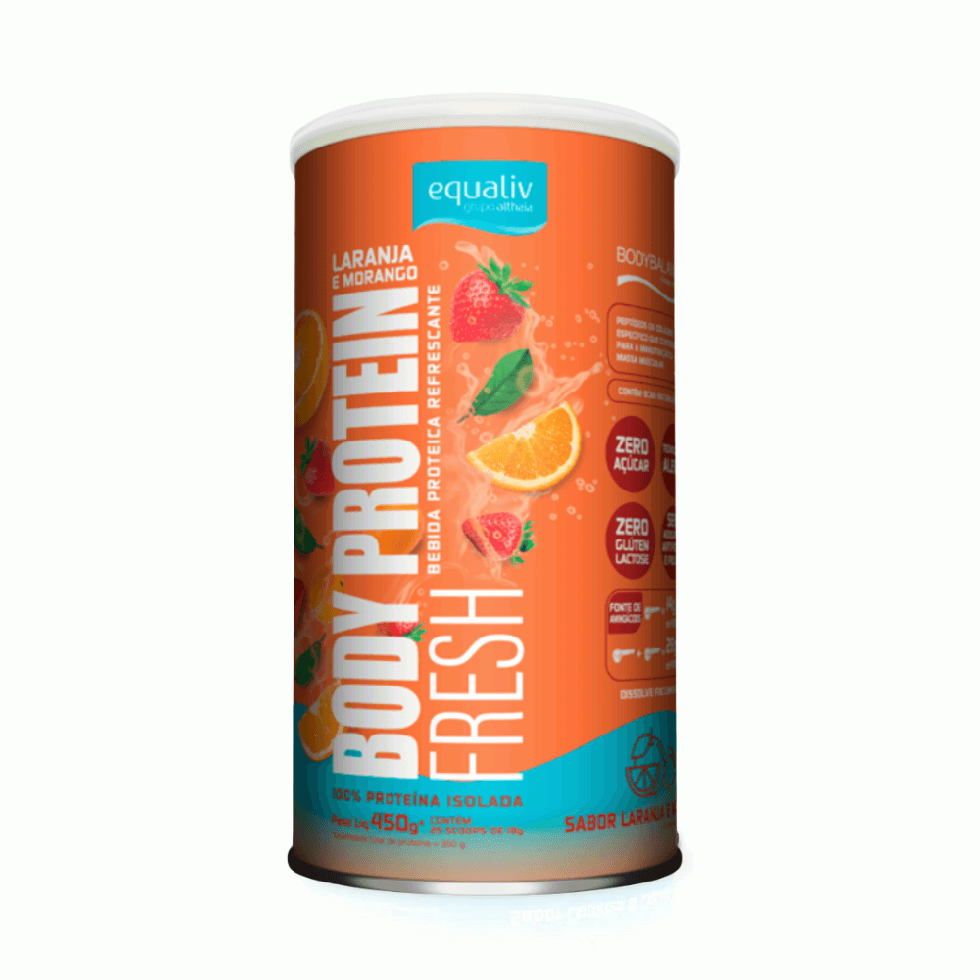 Pote de 450 g de Body Protein Fresh Equaliv, suplemento proteico em pó sabor frutas