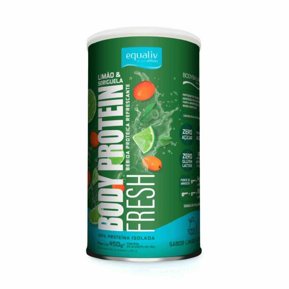 Pote de 450 g de Body Protein Fresh Equaliv, suplemento proteico em pó sabor frutas