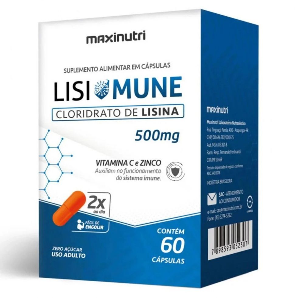 Frasco de Lisimune 500 mg da MaxiNutri, com 60 cápsulas