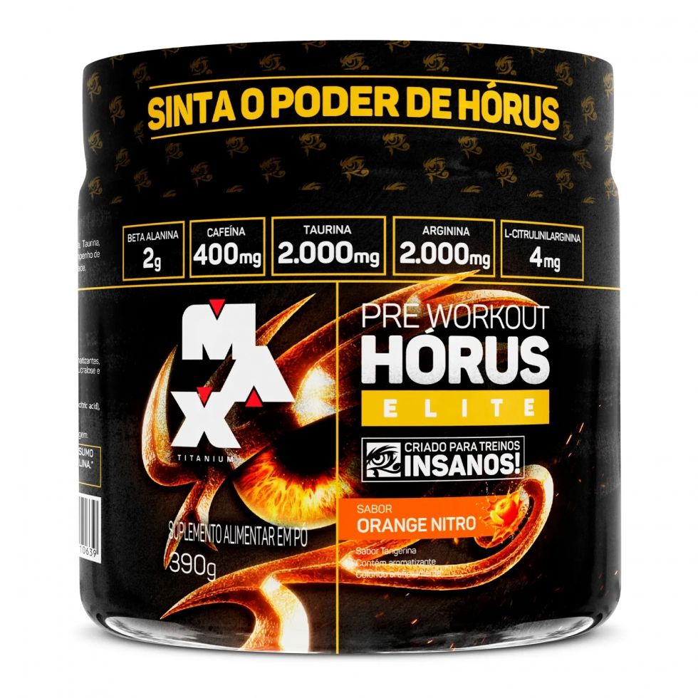 Pote de 390 g do pré-treino Hórus Elite da Max Titanium