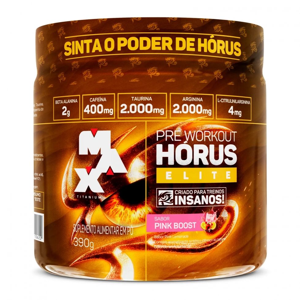 Pote de 390 g do pré-treino Hórus Elite da Max Titanium