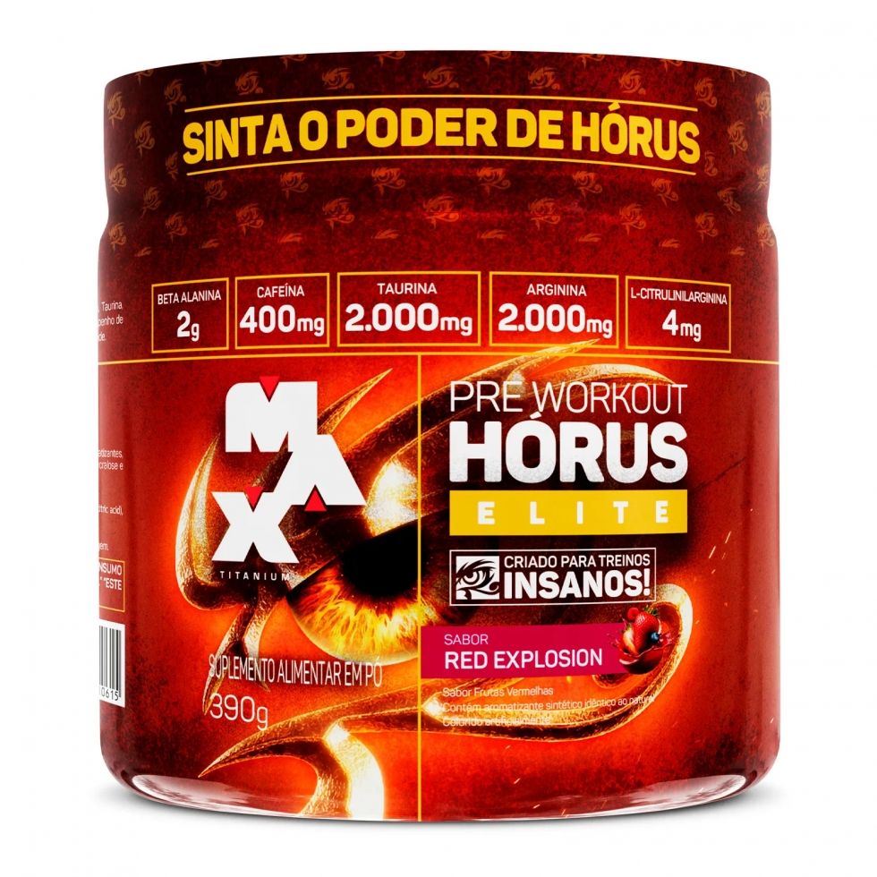 Pote de 390 g do pré-treino Hórus Elite da Max Titanium