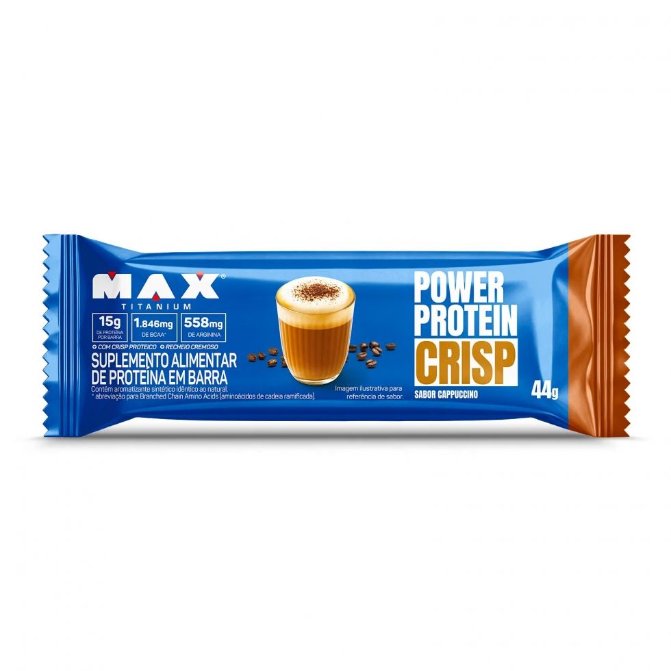 Barra Power Protein Crisp da Max Titanium de 44 g na embalagem