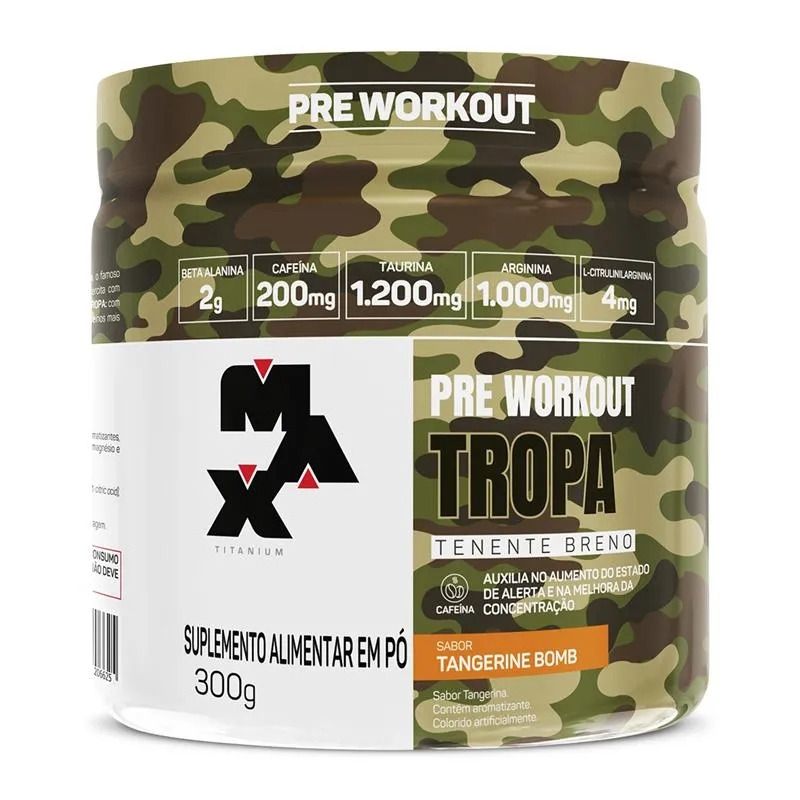 Pote de 300 g do pré-treino Tropa Tenente Breno da Max Titanium