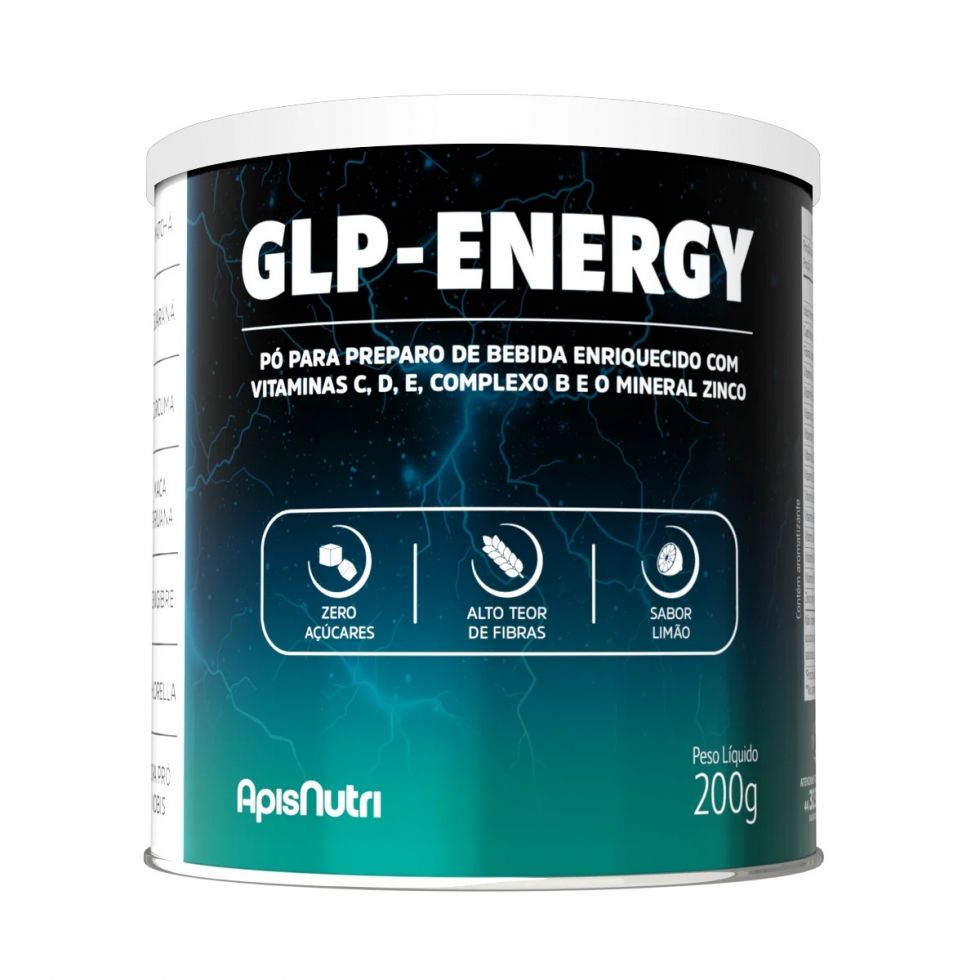 Pote de 200 g de GLP Energy, suplemento em pó sabor limão da Apisnutri