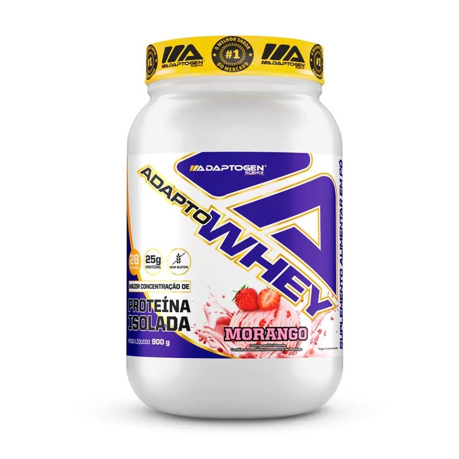 Pote de Adapto Whey 900 g da Adaptogen sabor morango sobre fundo claro