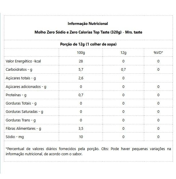 Molho Baixo Sódio e Baixa Caloria Top Taste (320g) - Mrs Taste