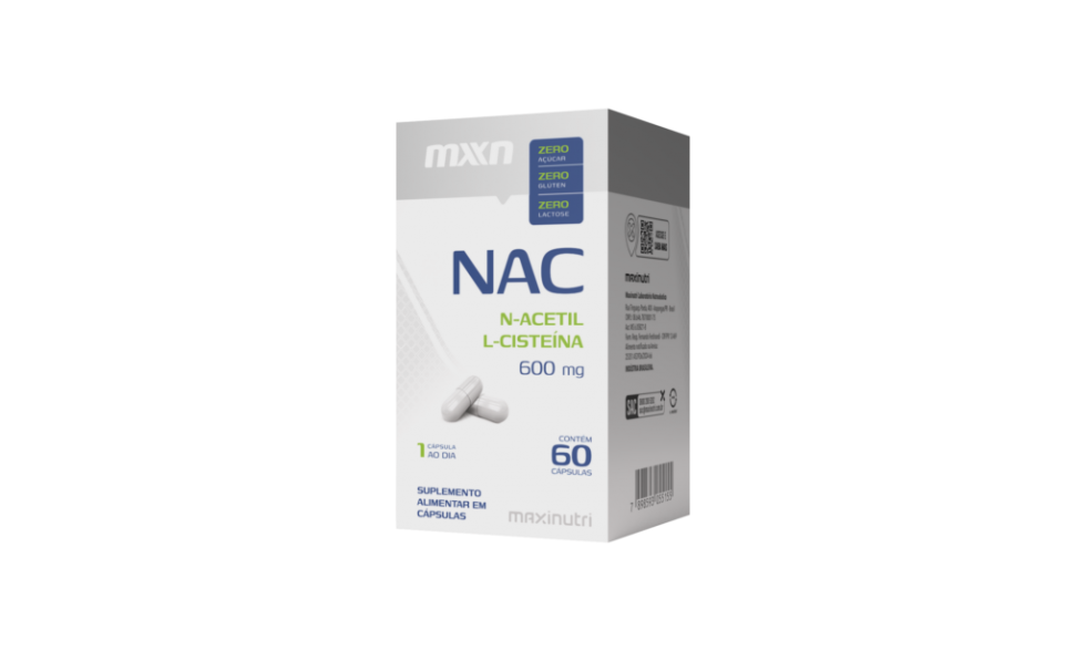 Frasco de NAC Acetilcisteína MXN 600 mg da MaxiNutri, com 60 cápsulas