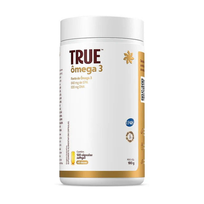 Pote de True Ômega 3 da True Source com 120 cápsulas de óleo de peixe