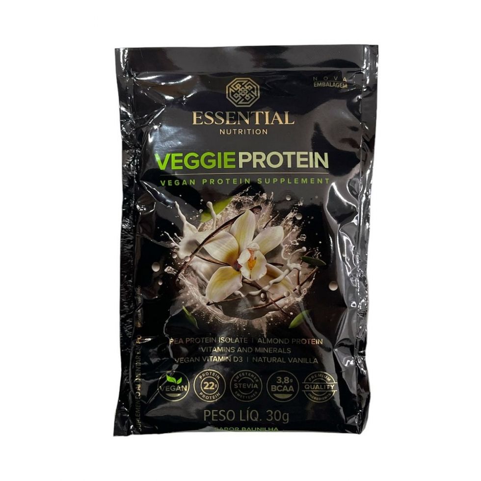 Sachê de Veggie Protein de 30 g da Essential Nutrition sobre fundo claro